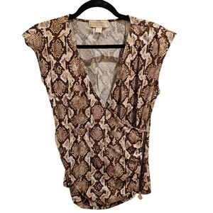Michael Kors Snake Print Short Sleeve Wrap Top - Brown and Cream